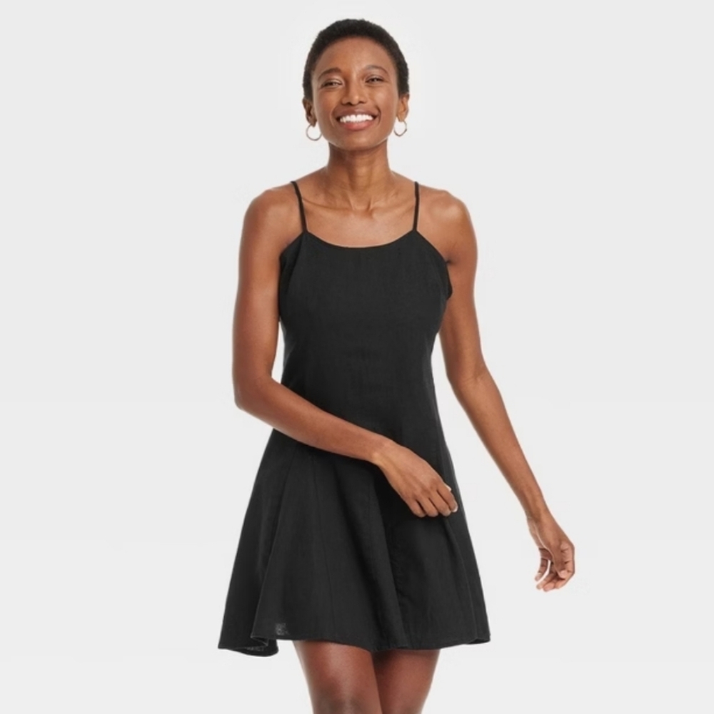 Women's Beach Bungalow Linen Mini Dress - A New Day Black M